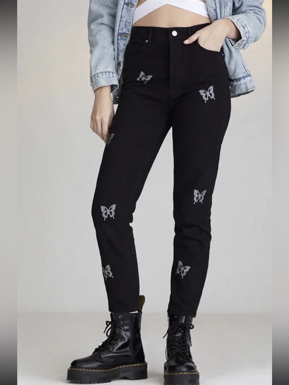 Pacsun ultra high rise slim jeans black butterfly rhinestone button up cotton
